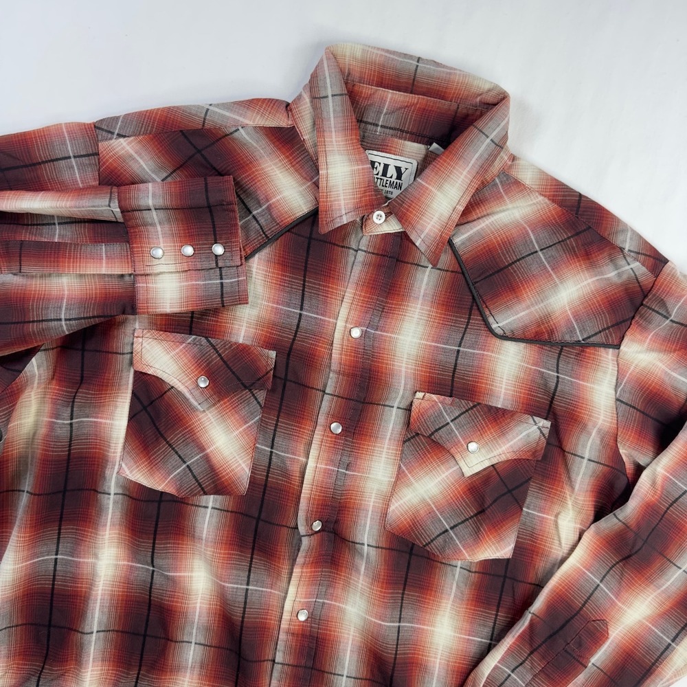 Ely Cattleman Shirt Mens Large Rust Red Plaid Pearl Snap Button Down Long Sleeve